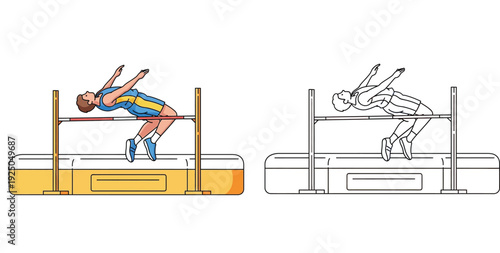 Vector illustration of a male high jump athlete clearing the bar. Includes colorful flat design and black and white outline line art versions for coloring pages. Track and field sport.