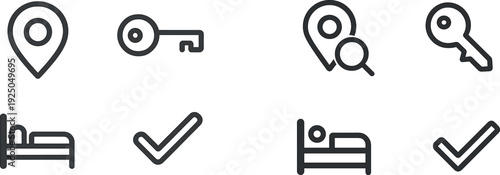 Icons represent key elements for travelers: a location marker for navigation, a key for access, a bed for accommodation, and a checkmark for confirmation of bookings.