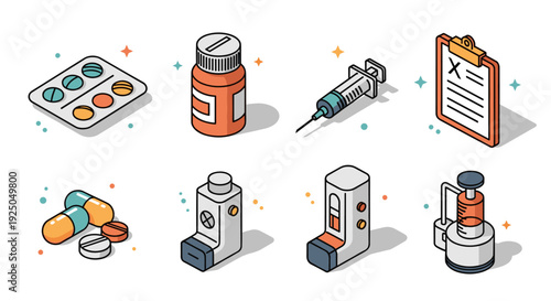 A collection of medical icons including pills, a syringe, and a prescription clipboard in colorful flat vector style, suitable for healthcare design