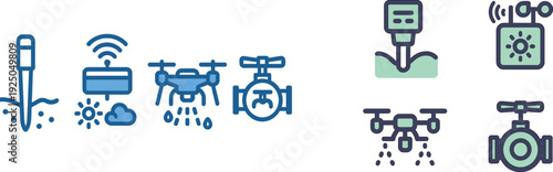 Different agricultural technology tools are depicted, showcasing advances in modern farming. These include a soil probe, wireless sensor, agricultural drone, and irrigation control valve.