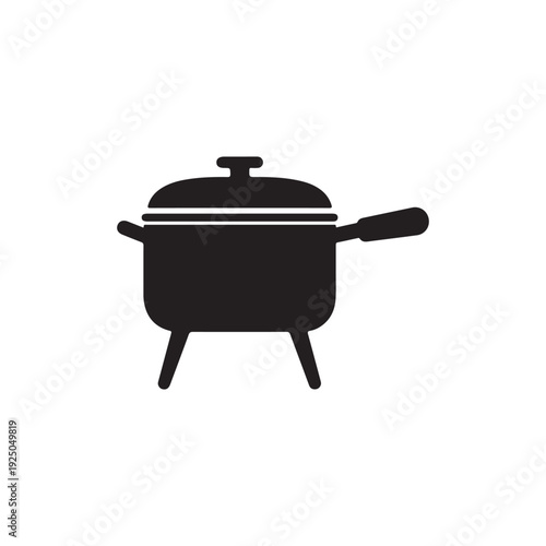 Simple black silhouette of a cooking pot with lid and handles on white background