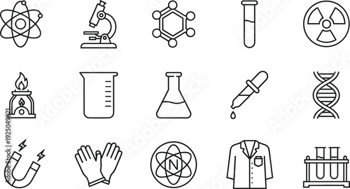 Science Laboratory Icon Set with Microscope Atom DNA Flask Magnet and Research Equipment Vector Collection