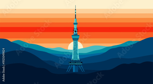 Vector illustration of teal tower silhouette at sunset over dark blue mountain peak