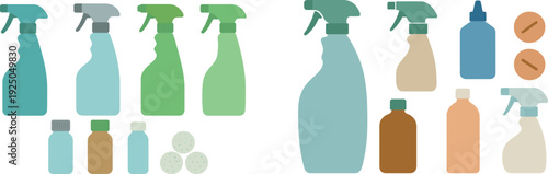 Four colorful spray bottles and a few additional containers are neatly arranged on a clean white surface. This setup highlights cleaning products in an organized fashion.