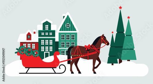 Festive vector illustration of brown harnessed horse drawing red sleigh through snowy town square