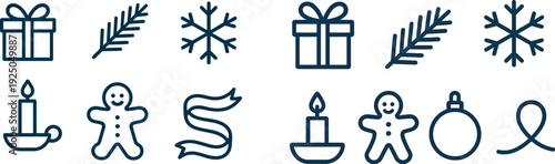 Various holiday symbols are arranged, featuring a gift box, a snowflake, a candle, a gingerbread man, a pine branch, and a decorative ribbon. These elements highlight seasonal festivities.