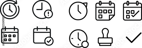 Several simple designs feature clocks and calendars highlighting time management. These icons can be used in apps or web pages to convey scheduling and alert functions efficiently.