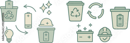 Illustration highlights the cycle of battery recycling, showing the connection between used batteries, energy generation, and proper disposal practices for environmental protection.