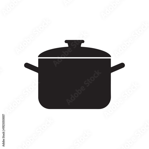 Simple black silhouette of a cooking pot with lid and two handles on white background