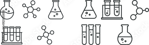 Various laboratory glassware and molecular structures are illustrated in a simple, monochromatic design, ideal for science-related educational content or resources.