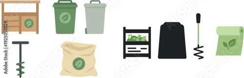 Display of key gardening items including a potting bench, recycling bins, a hand auger, and a soil bag, highlighting important tools for urban gardening activities.