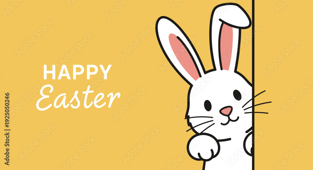 Obraz premium A cute Easter bunny peeking from behind a wall with 'Happy Easter' text in a playful modern vector style, perfect for greeting cards and festive decorations