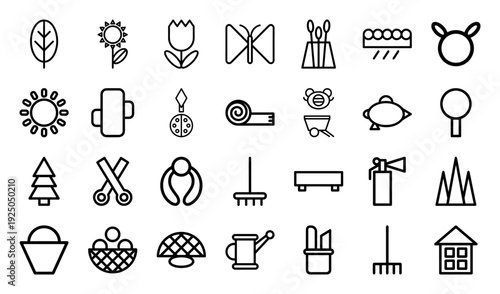 Garden maintenance and landscaping monoline elements for outdoor service branding. Geometric outline icons featuring horticulture and backyard tools.