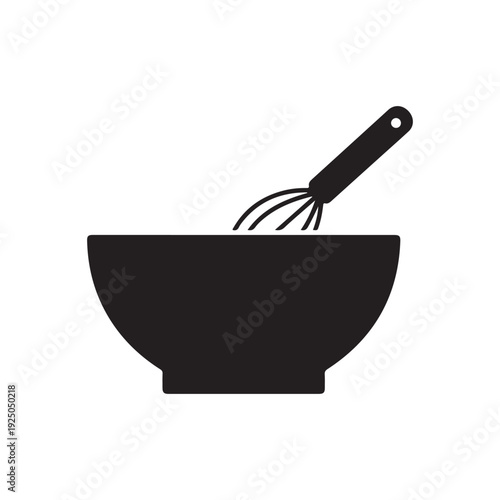 Simple black silhouette of a mixing bowl with a whisk on a white background for cooking and baking illustration  kitchen utensils