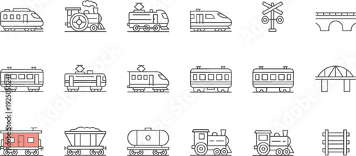 Train and Railway Transport Icon Set with Locomotive Wagon Metro Crossing Bridge and Track Vector Collection