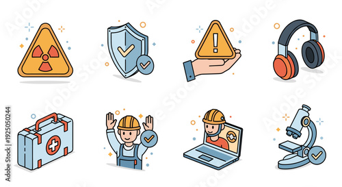 A collection of safety and health icons featuring a radiation symbol, shield, warning sign, headphones, and medical kit in flat modern vector style, ideal for safety and health-related projects