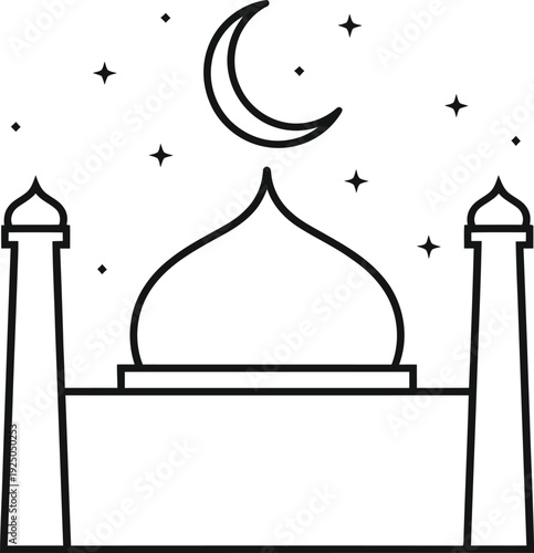 Serene Mosque Illustration with Crescent Moon and Stars at Night, Line Art, Top View
