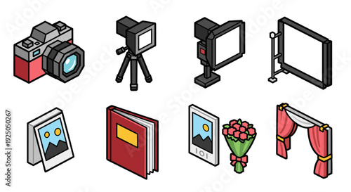 A collection of photography-related icons including a camera, frames, photo album, and decorative elements in flat vector style, perfect for artistic projects and media design