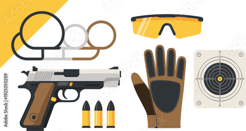 Flat design shooting range equipment collection, handgun pistol ammunition safety glasses glove target board and earmuffs for firearm training