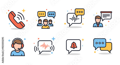 A collection of communication and support icons featuring a phone, headset, chat bubbles, and user interaction in flat modern vector style, perfect for customer service and tech branding
