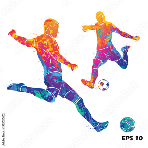 Soccer Players Watercolor Silhouette. Colorful Paint Splash Vector Illustration of Footballers Kicking Ball in Dynamic Motion