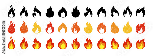 Fire icon set. Fire flame symbol. Crayon hand drawn vector logo. Vector illustration.