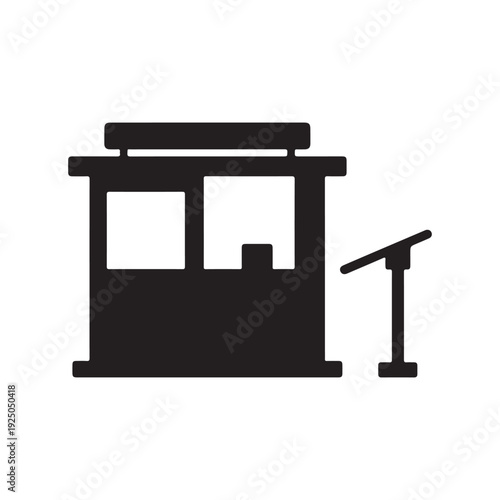 Simple black silhouette of a ticket booth with a roof and a ticket dispenser machine on the side  isolated on white background