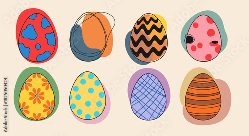 A collection of eight colorful decorated Easter eggs in a playful modern vector style, ideal for holiday designs and celebrations