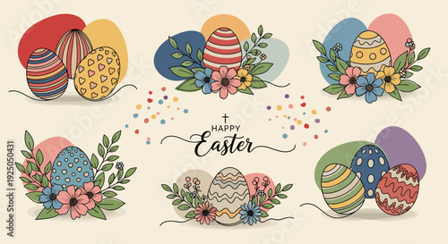 A collection of decorative Easter eggs with floral elements and a 'Happy Easter' greeting in a colorful vector style, perfect for spring celebrations and seasonal greetings