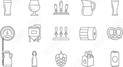 Beer Brewing and Bar Drink Icon Set with Keg Tap Glass Bottle and Brewery Equipment Vector