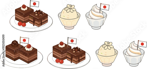 Sweet dessert pastry collection cakes cupcakes and chocolate treats vector illustration isolated design set