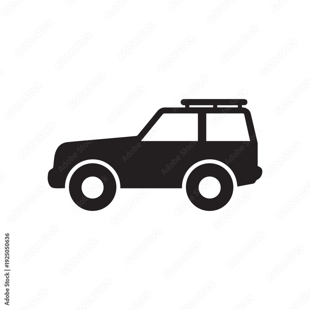 Fototapeta premium Simple black SUV car icon with roof rack and luggage carrier on white background for design and infographics
