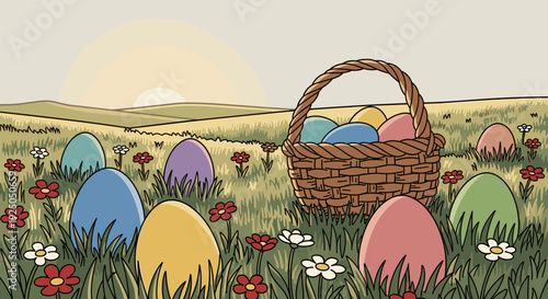 A basket filled with colorful Easter eggs in a grassy field surrounded by flowers, illustrated in a vintage style, ideal for spring holiday designs