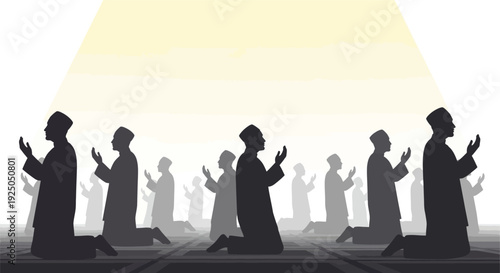 Silhouetted figures kneeling in prayer, illuminated by a radiant light from above, in a serene and spiritual atmosphere, viewed from the side