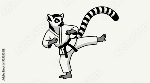 Cartoon Ring-Tailed Lemur Practicing Martial Arts, Dynamic Karate Kick Pose, Black and White Illustration