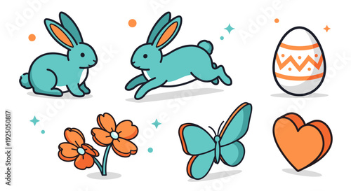 A collection of cute rabbits, flowers, a butterfly, a heart, and a decorated egg in colorful flat vector style, perfect for Easter designs