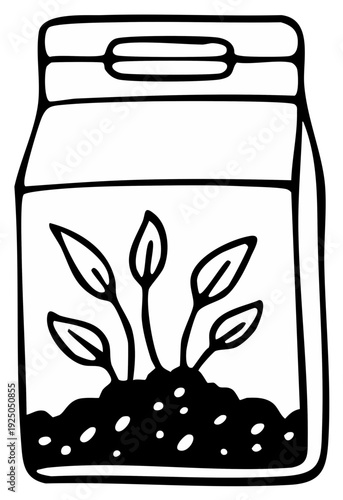 Hand drawn illustration of a bag of seeds with sprouting plants and soil