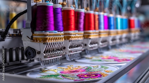 A machine is embroidering a flower pattern on a piece of fabric