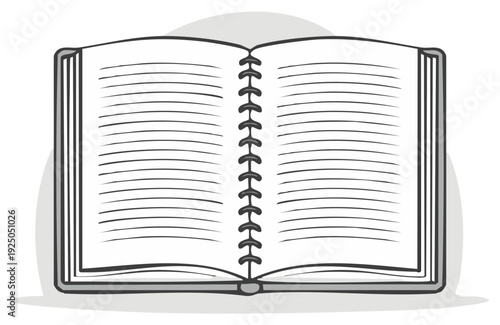 Open book with blank lined pages and spiral binding illustration
