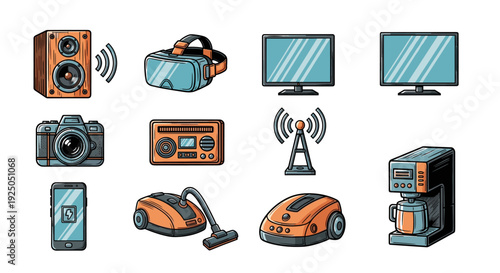 A collection of electronics icons including cameras, TVs, speakers, and smartphones in colorful modern vector style, perfect for tech-related projects