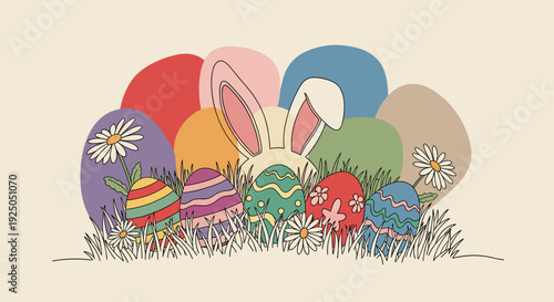 A cheerful Easter bunny surrounded by colorful decorated eggs and daisies in a minimalist vector style, perfect for holiday celebrations