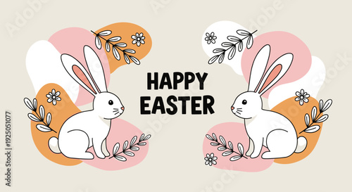 A cheerful Easter design featuring two cute rabbits surrounded by floral elements in a colorful vector style, perfect for greeting cards or festive decorations