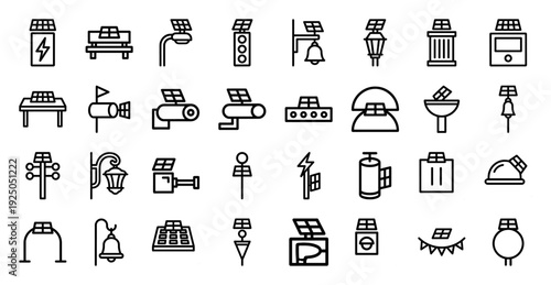 Solar energy infrastructure and smart city hardware elements. Professional monoline icons featuring renewable power solutions for urban lighting and public utilities.