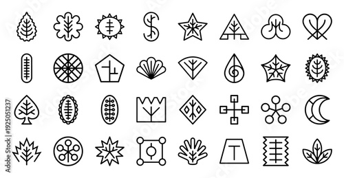 Abstract botanical symbology and geometric nature elements for eco-conscious branding. Minimalist monoline plant icons featuring organic structural forms and leaf motifs.