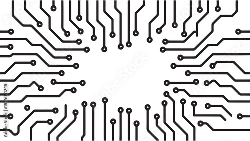 Intricate circuit board pattern with connections and pathways on a white background