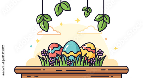 A collection of colorful Easter eggs nestled in grass with flowers and hanging leaves in a vibrant vector illustration style, ideal for spring holiday designs