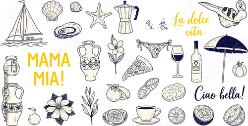 Italian lifestyle collage with pizza, pasta, wine, moka pot, sailboat, seashells, lemons, olives, Mama Mia, La dolce vita, Ciao bella