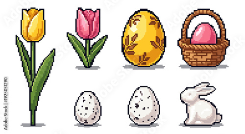 A collection of Easter-themed icons including tulips, decorative eggs, a basket, and a bunny in pixel art style, perfect for spring celebrations