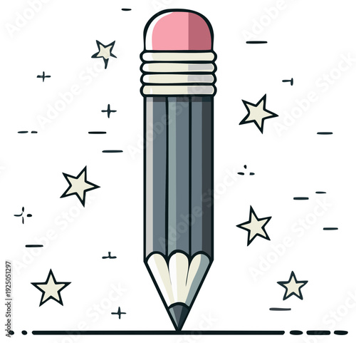 Whimsical Pencil with Stars and Creative Sparkle Illustration