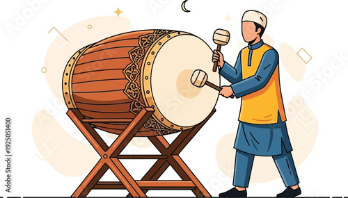 A man in traditional attire enthusiastically plays a large drum with mallets in a festive setting